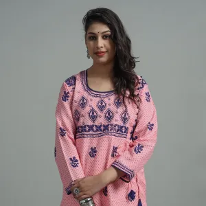 Flamingo Pink Chikankari Hand Embroidered Cotton Long Kurta