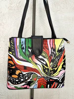 Flap Top Tote Bag, Black Abstract