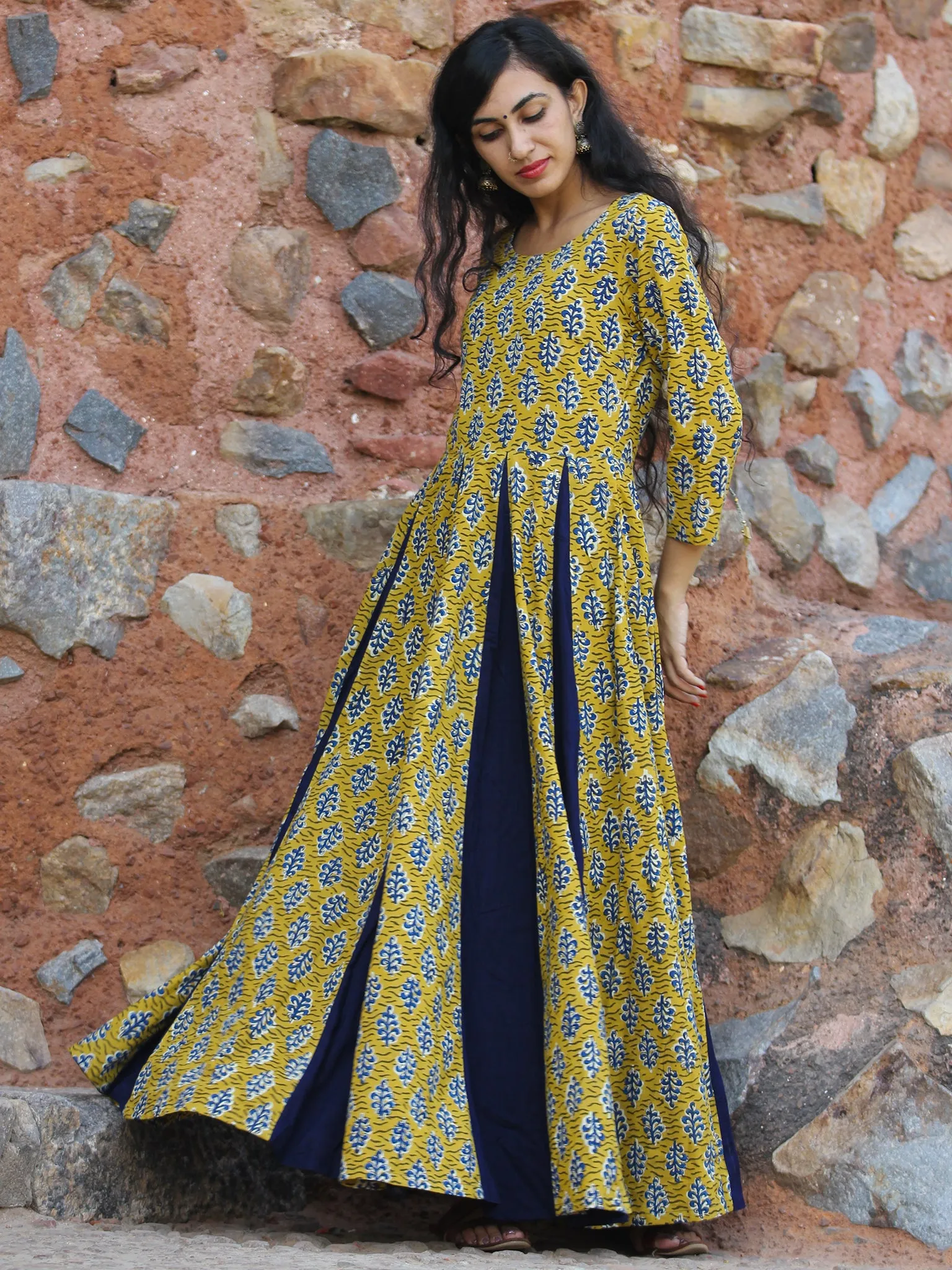 Flare Affair - Hand Block Printed Long Cotton Voluminous Flare Dress - D373F1354