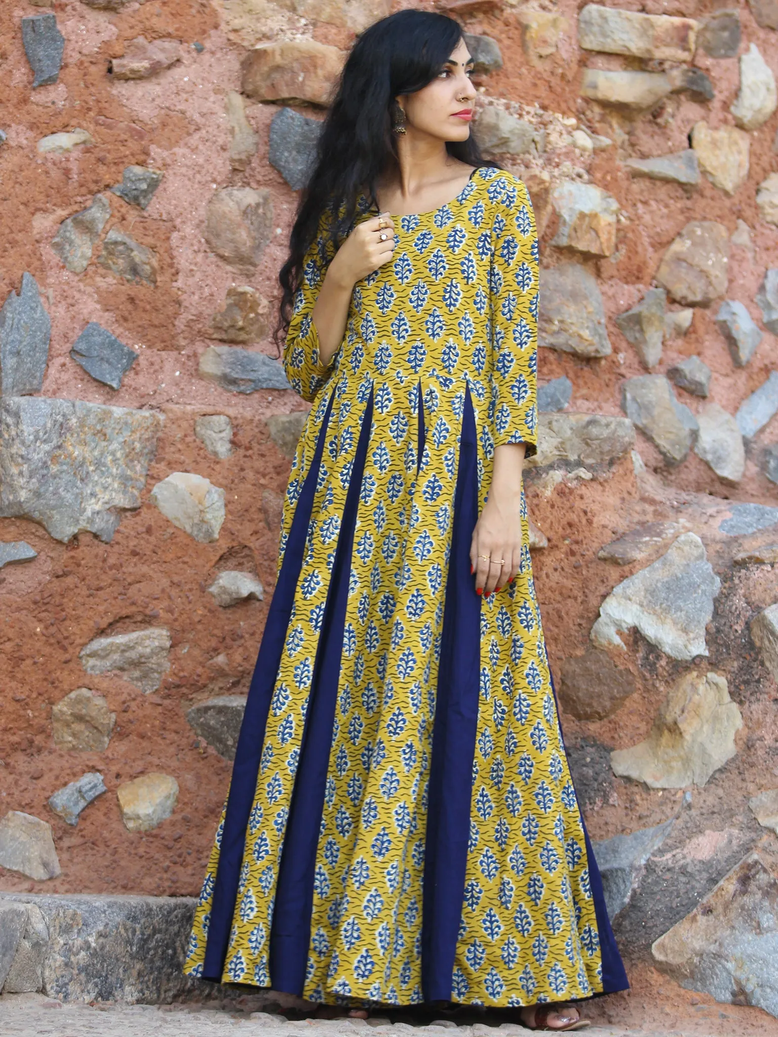 Flare Affair - Hand Block Printed Long Cotton Voluminous Flare Dress - D373F1354