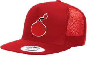 FLAT BILL RED SNAPBACK TRUCKER HAT WITH BOMB LOGO