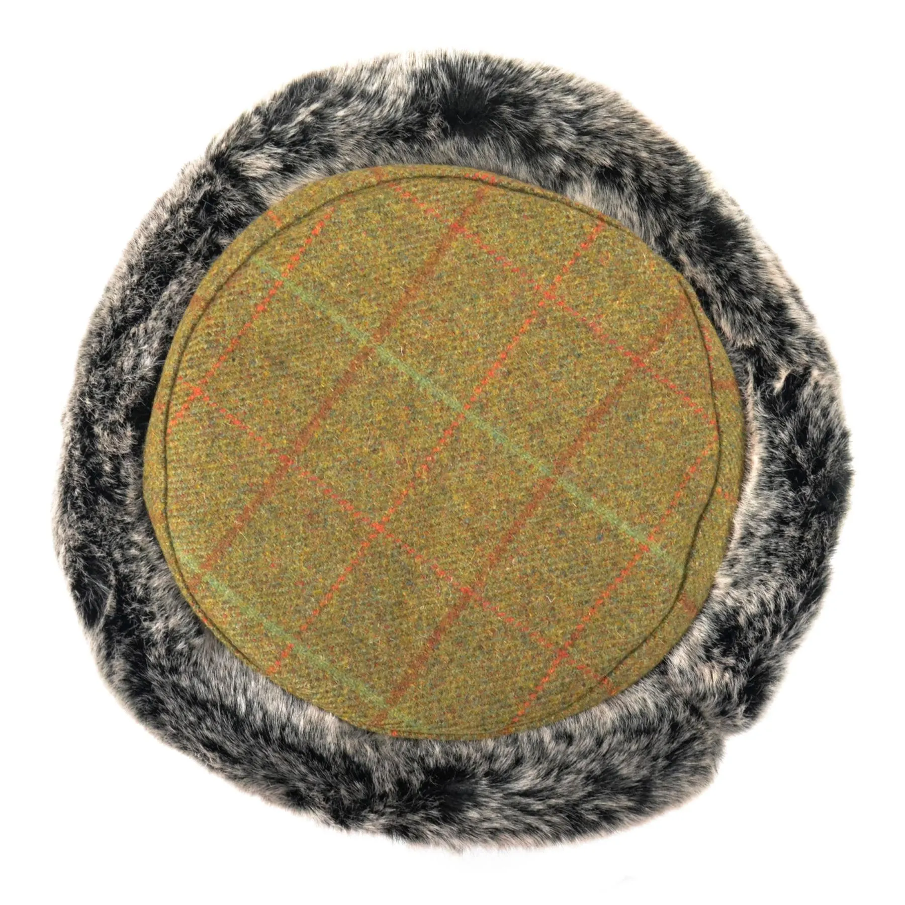 Flat Top Tweed Hat with Faux Fur cuff - Dark green