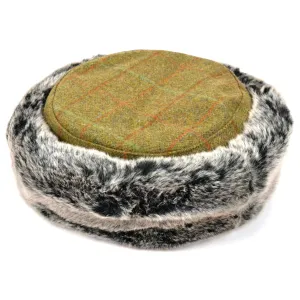 Flat Top Tweed Hat with Faux Fur cuff - Dark green