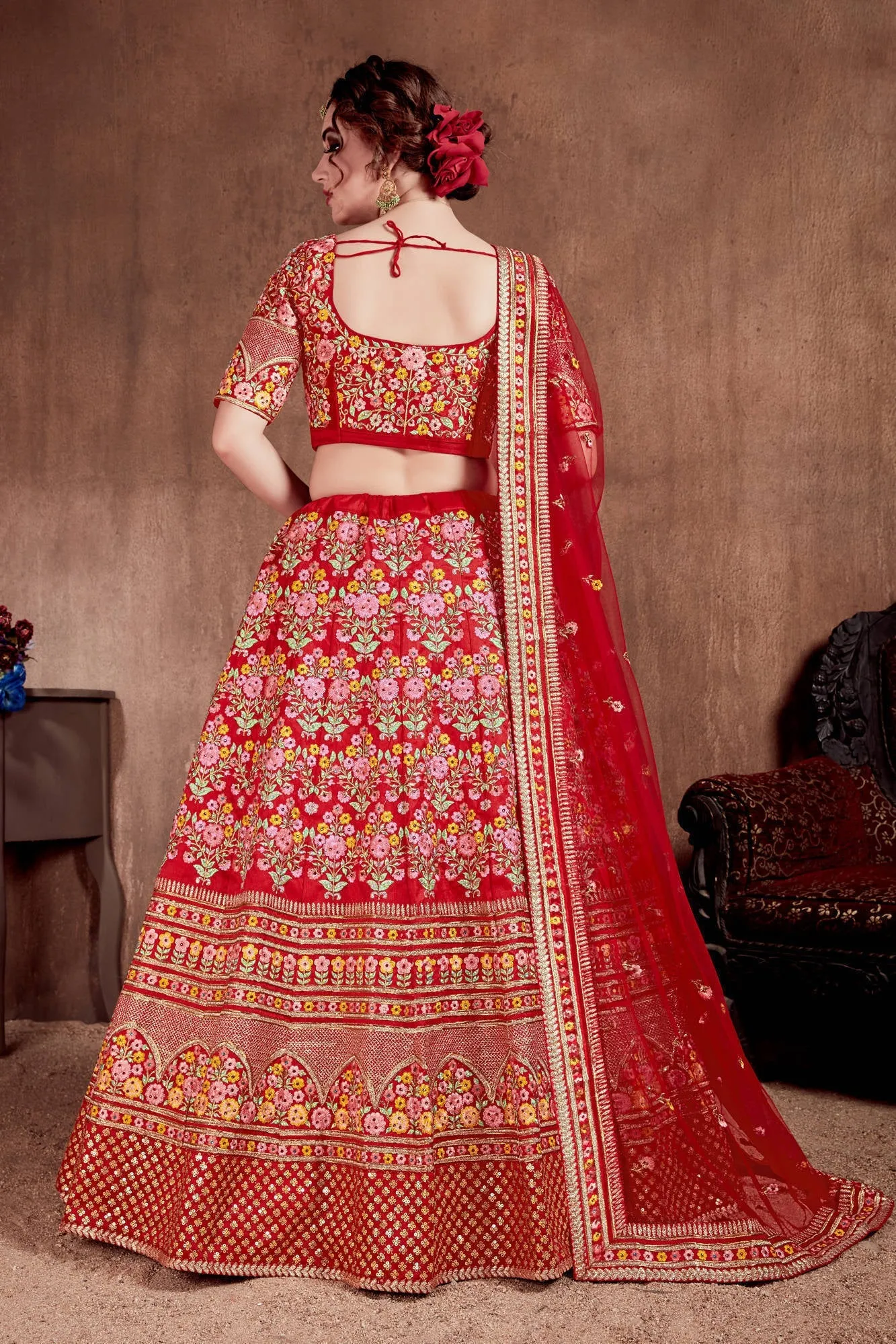 Flattering Red Colored Designer Bridal wear Embroidered Lehenga Choli