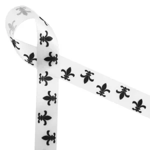 Fleur de Lis Ribbon in Black ink on  White 7/8" Single Face Satin Ribbon,