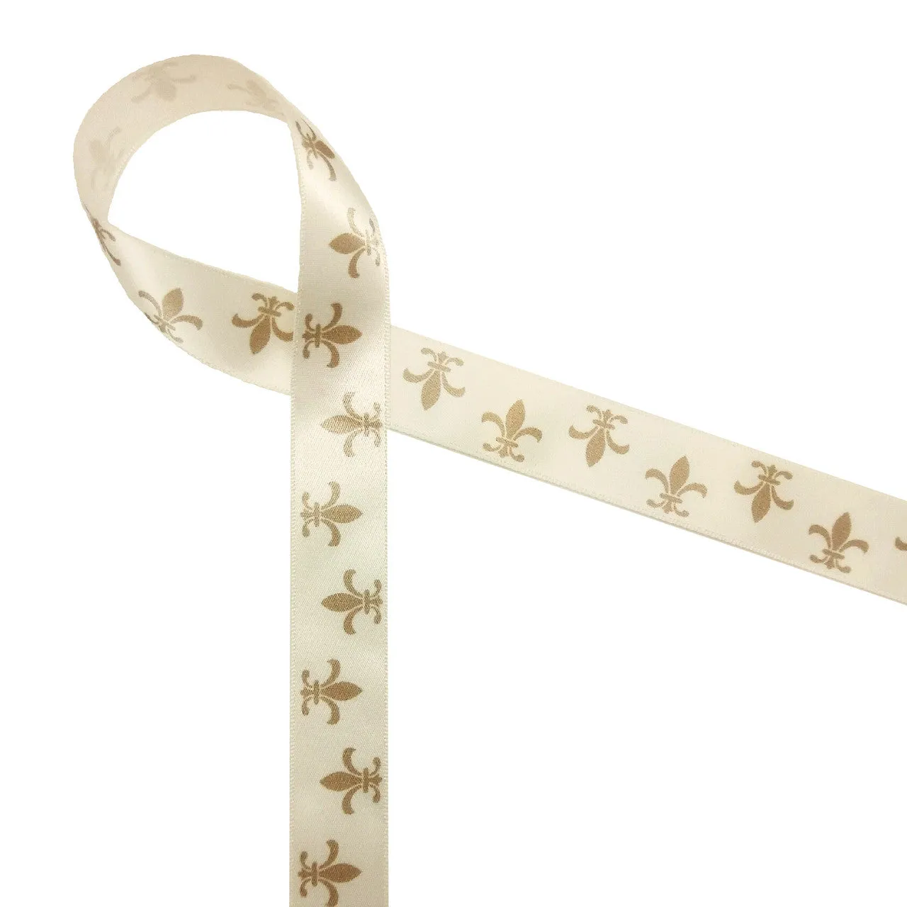 Fleur de Lis Ribbon in Champagne ink on Antique White 7/8" Single Face Satin Ribbon,