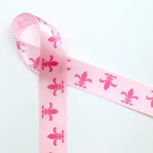 Fleur de Lis Ribbon in Medium Pink ink on Lt. Pink 7/8" Single Face Satin Ribbon,