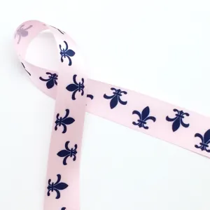 Fleur de Lis Ribbon in Navy ink on Lt. Pink 7/8" Single Face Satin Ribbon