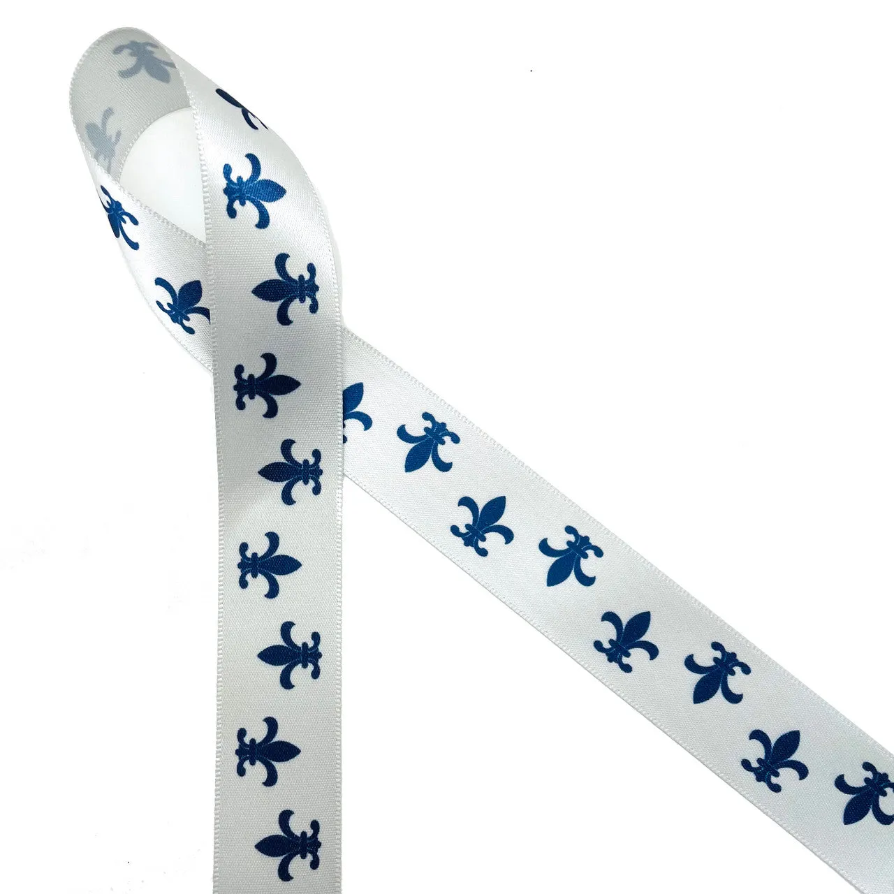 Fleur de Lis Ribbon in Navy ink on Shell Gray 7/8" Single Face Satin Ribbon