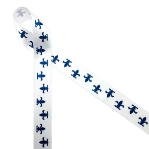 Fleur de Lis Ribbon in Navy ink on White 7/8" Single Face Satin Ribbon