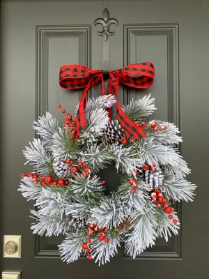 Flocked Winter Pine Wreath with Red Berries