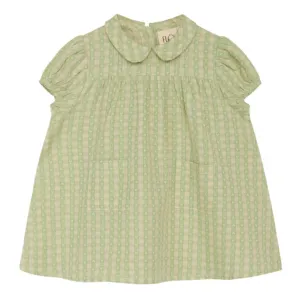 FLOESS Girls' Green Gingham Blouse with Peter Pan Collar