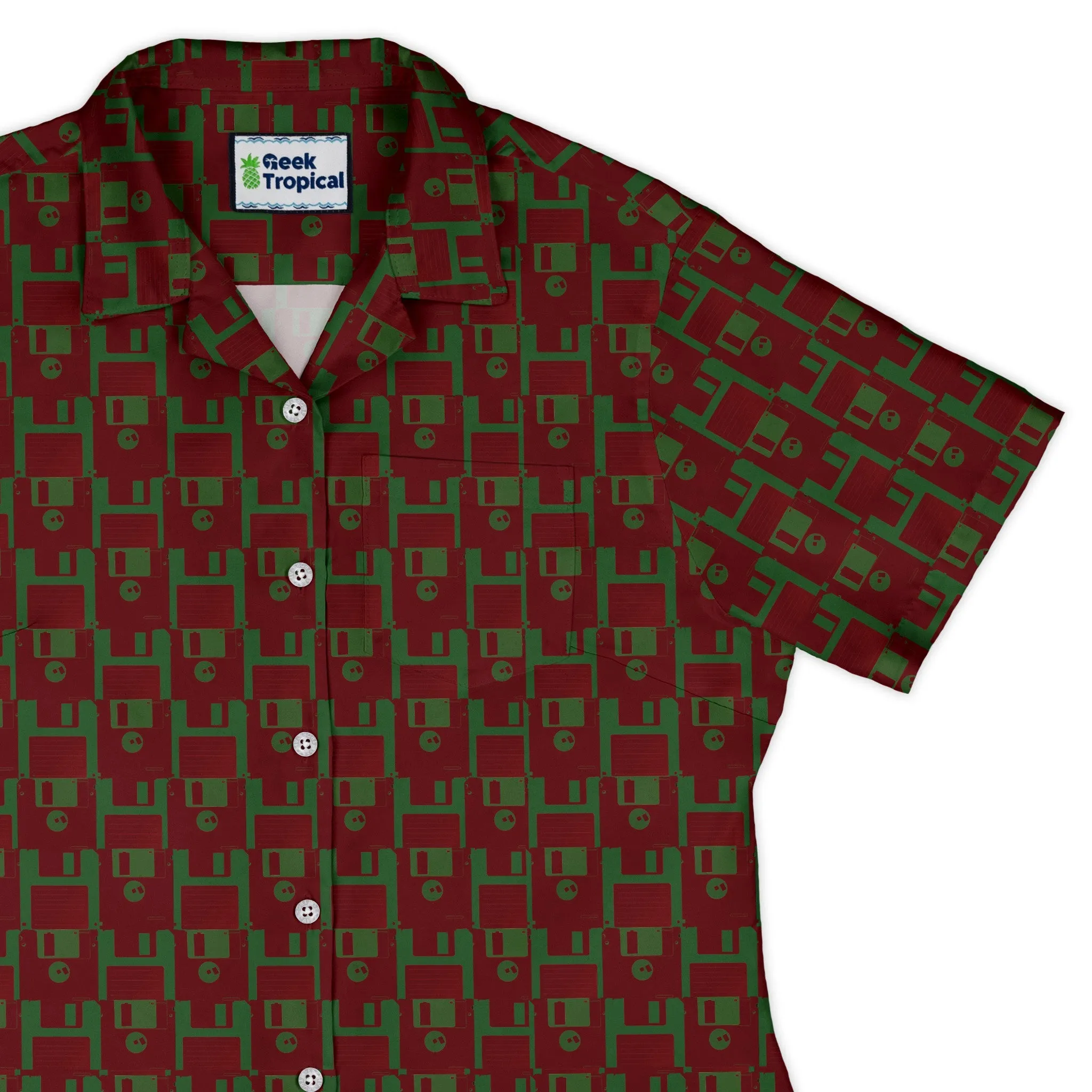 Floppy Disk Red and Green Curvy Button Up Shirt