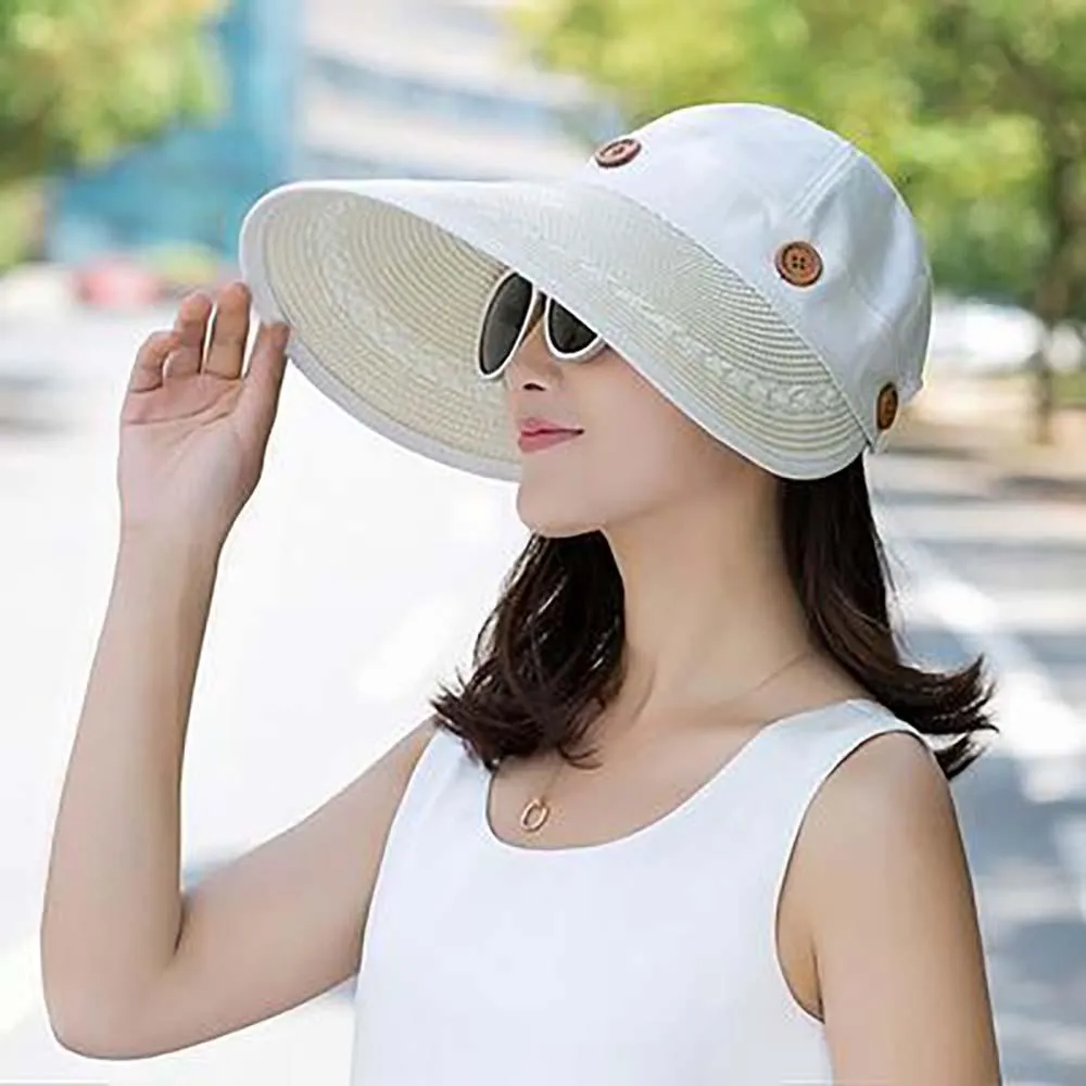 Floppy Wide Brim Button Straw Sun Protection Hat