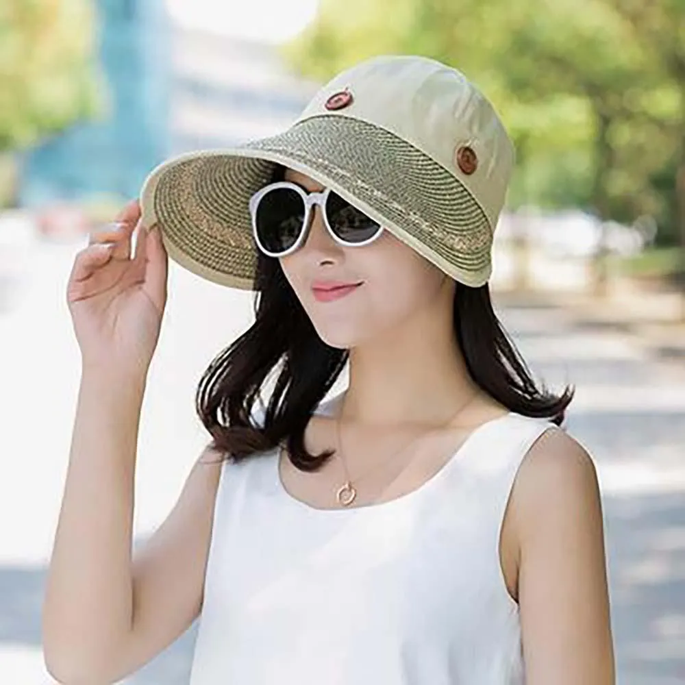 Floppy Wide Brim Button Straw Sun Protection Hat