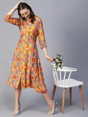 Floral, Abstract & Bohemian Printed A-line Midi Dress - Yellow & Multi