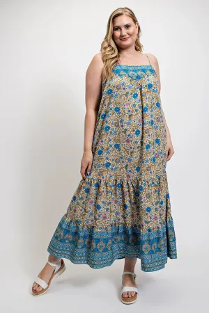 Floral And Aztec Print Drop Down Maxi Dress With Spaghetti Strap