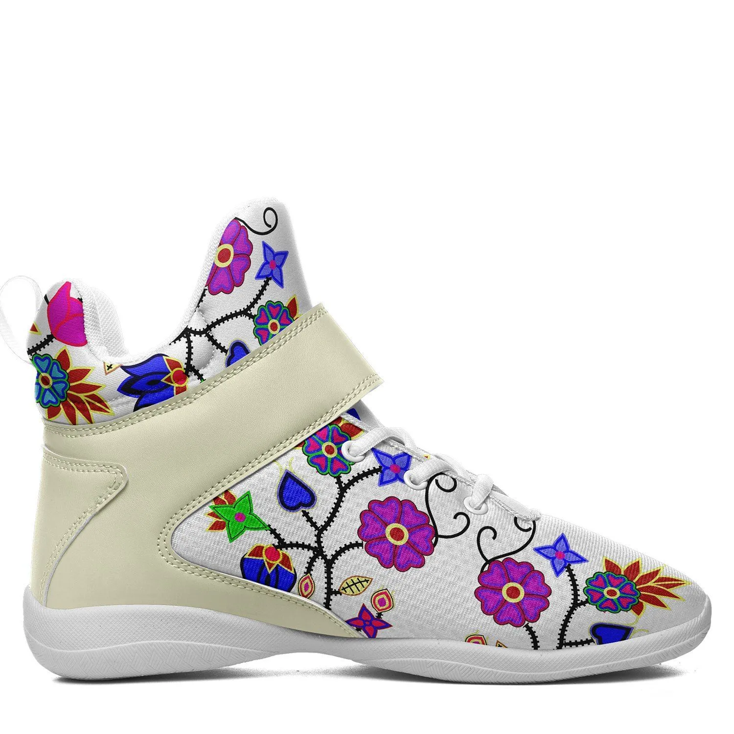 Floral Beadwork Seven Clans White Kid's Ipottaa Basketball / Sport High Top Shoes