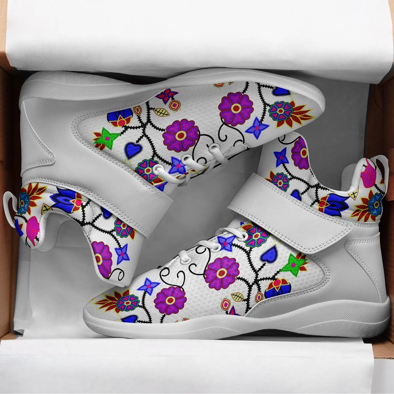 Floral Beadwork Seven Clans White Kid's Ipottaa Basketball / Sport High Top Shoes