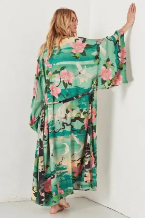 Floral-Bird Print Maxi Kimono