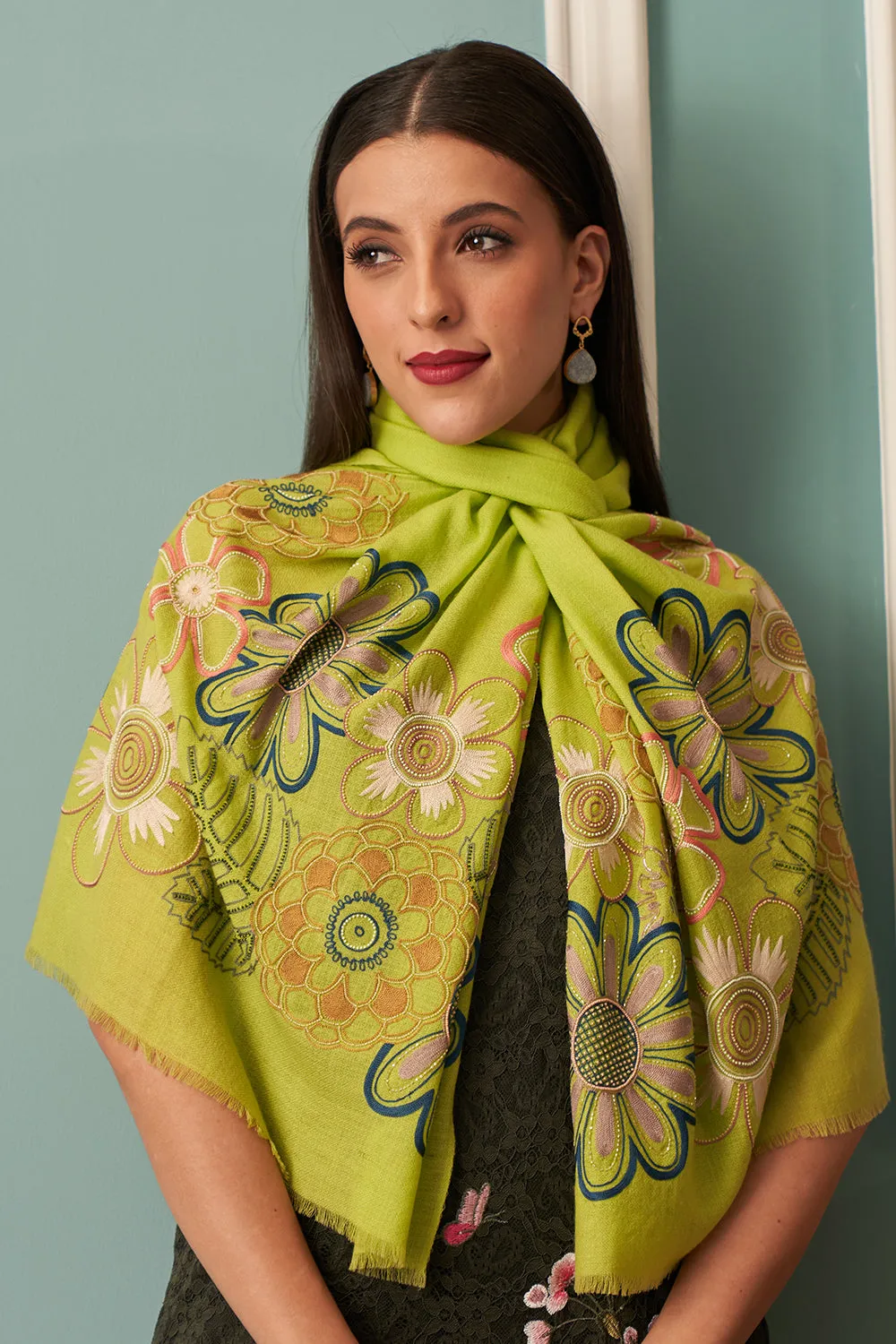 Floral Bliss | Embroidered Fine Merino Wool Stole