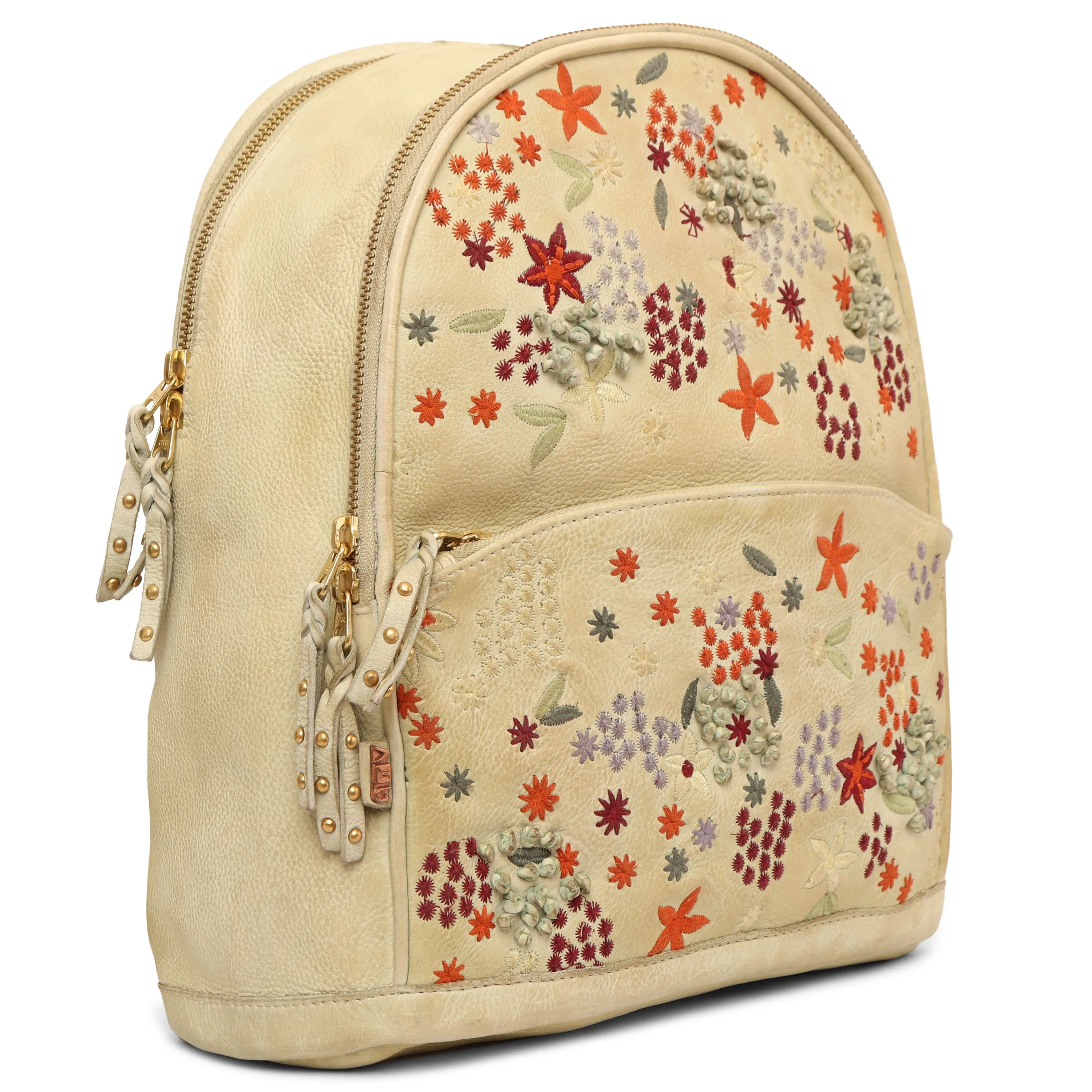 Floral Bliss: L. Green Leather Backpack bag with Colorful Flower Embroidery