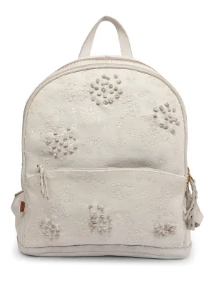 Floral Bliss: White Leather Backpack bag with Colorful Flower Embroidery