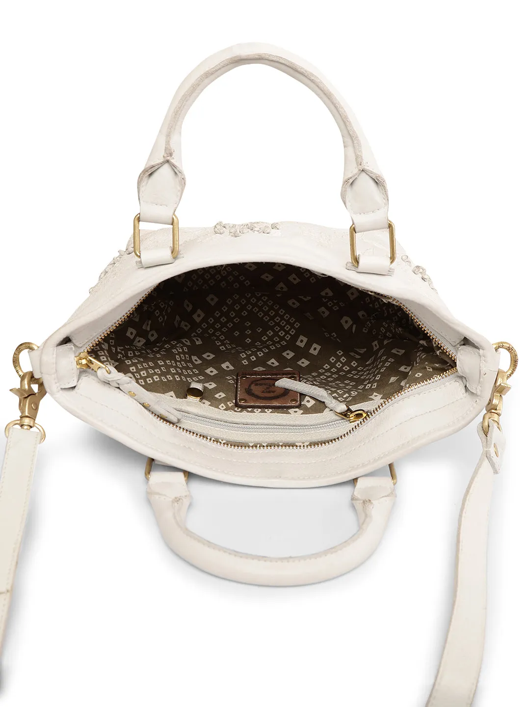 Floral Bliss: White Leather Mini Tote bag with Flower Embroidery