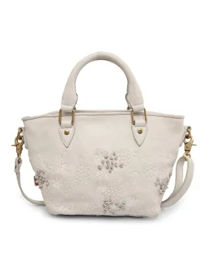 Floral Bliss: White Leather Mini Tote bag with Flower Embroidery