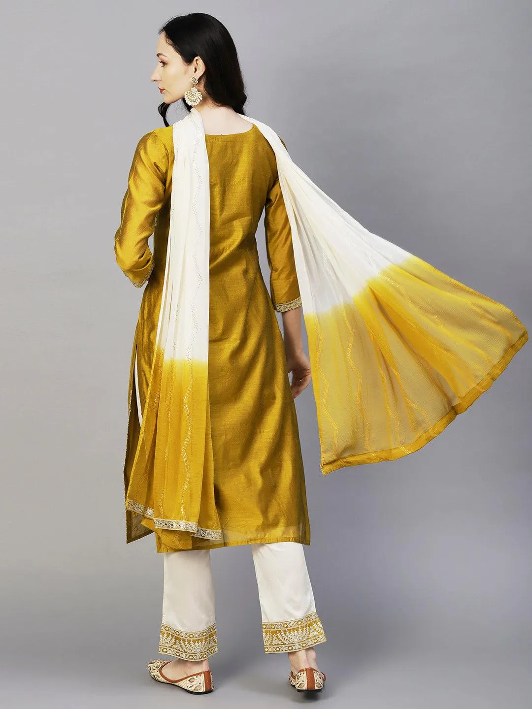 Floral Block & Foil Printed Kurta With Pants & Sequined Ombre Dupatta - Mustard