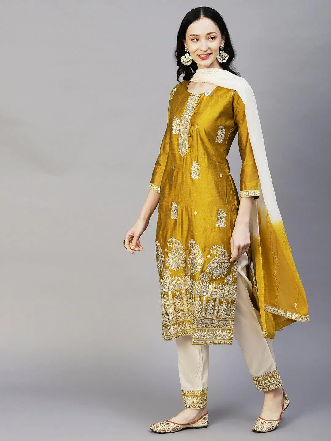 Floral Block & Foil Printed Kurta With Pants & Sequined Ombre Dupatta - Mustard