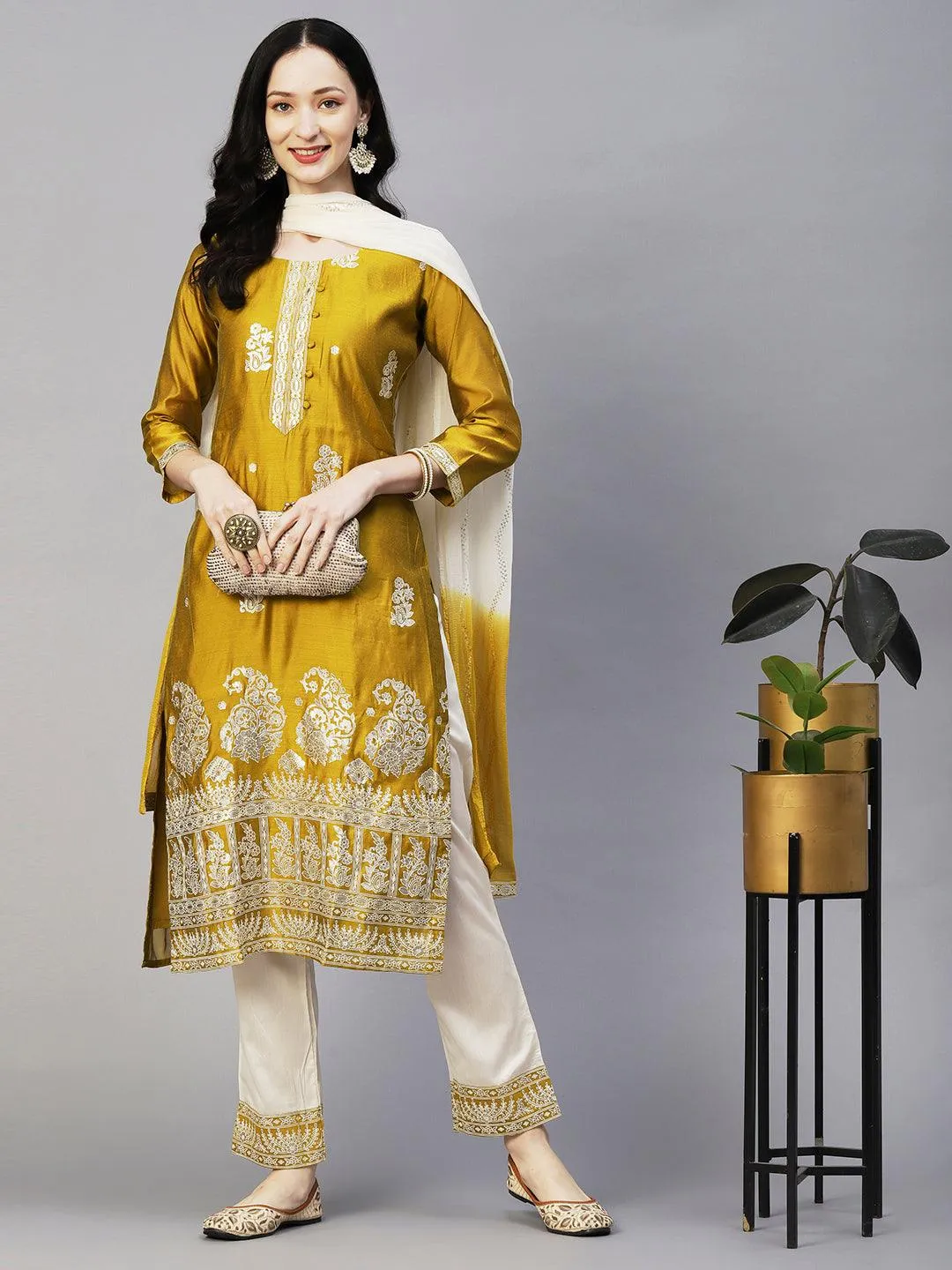 Floral Block & Foil Printed Kurta With Pants & Sequined Ombre Dupatta - Mustard