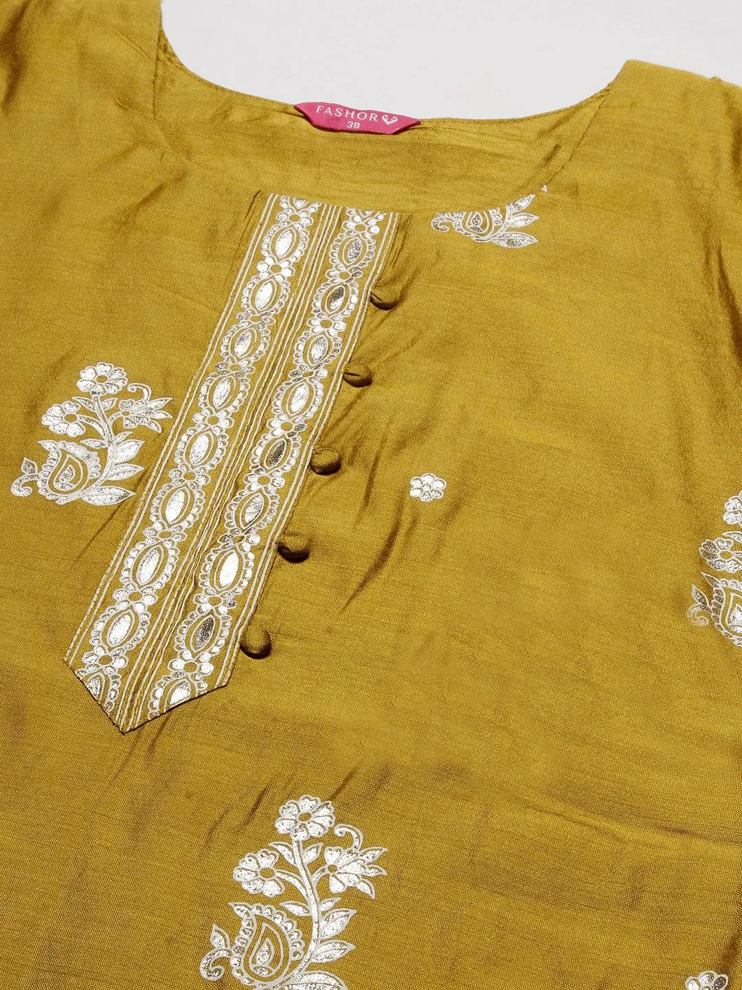 Floral Block & Foil Printed Kurta With Pants & Sequined Ombre Dupatta - Mustard