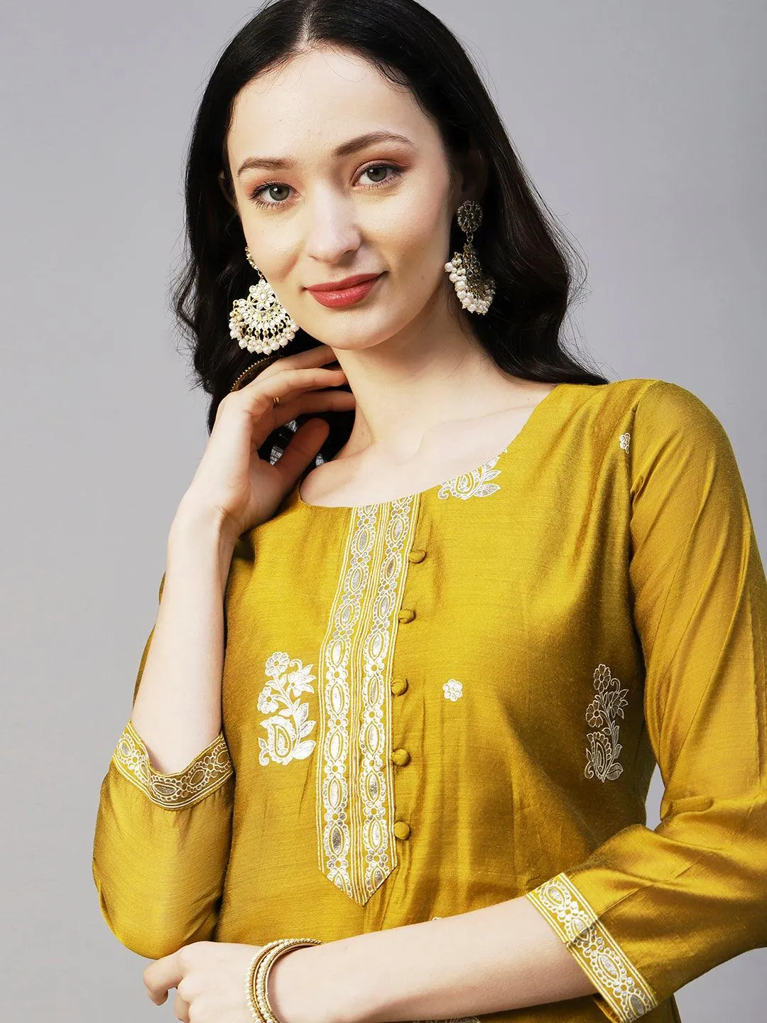 Floral Block & Foil Printed Kurta With Pants & Sequined Ombre Dupatta - Mustard