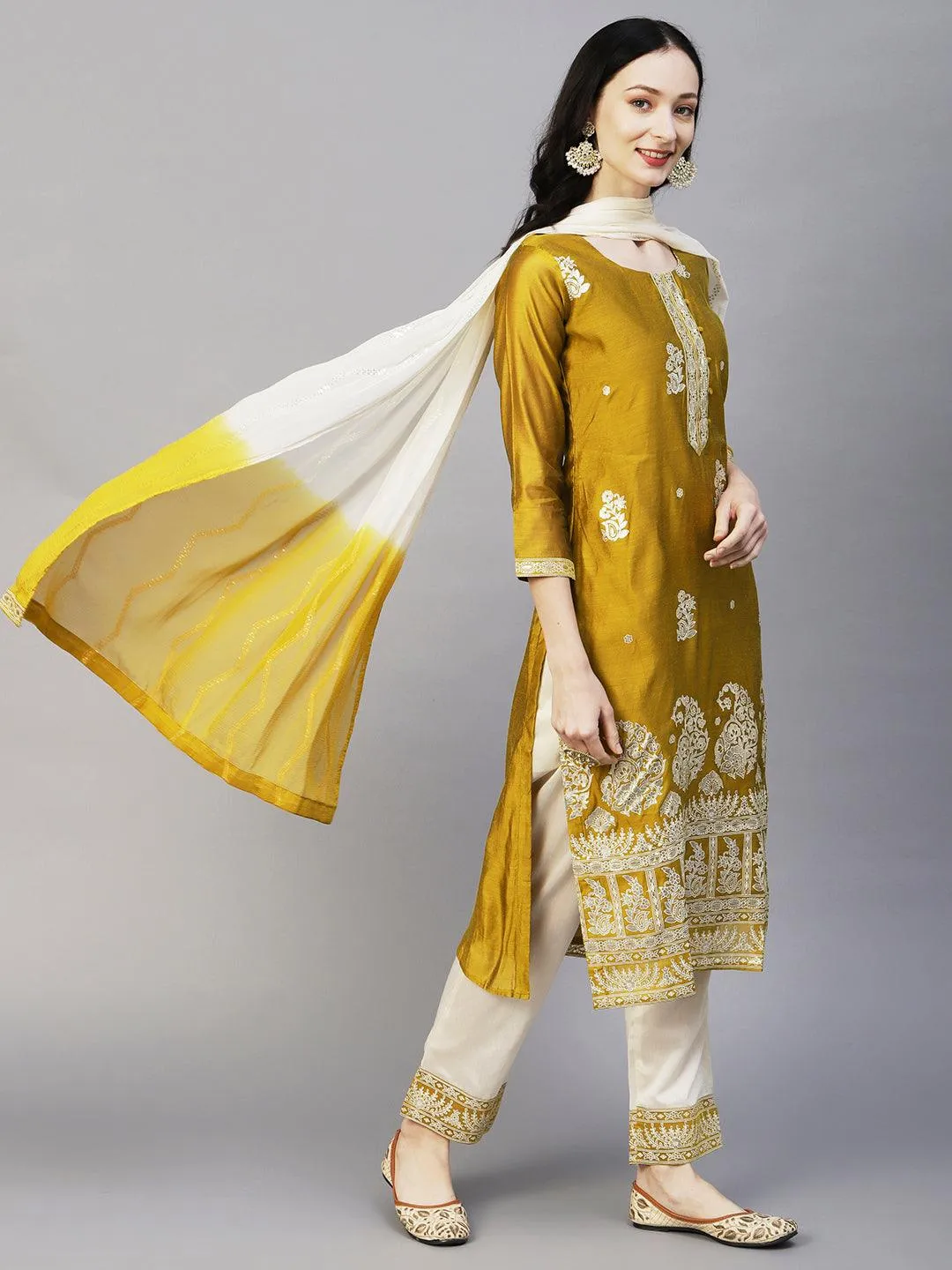 Floral Block & Foil Printed Kurta With Pants & Sequined Ombre Dupatta - Mustard