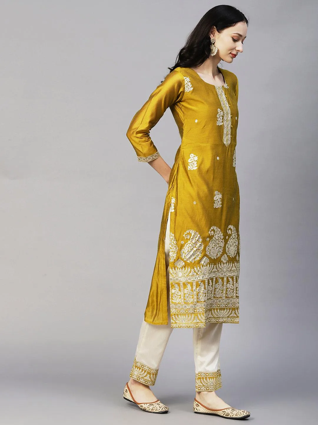 Floral Block & Foil Printed Kurta With Pants & Sequined Ombre Dupatta - Mustard