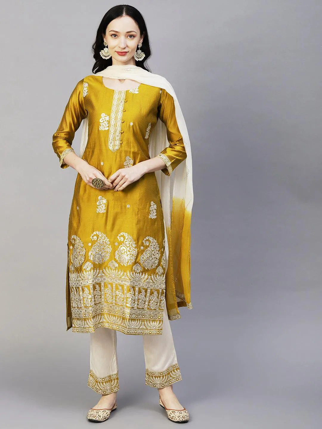 Floral Block & Foil Printed Kurta With Pants & Sequined Ombre Dupatta - Mustard