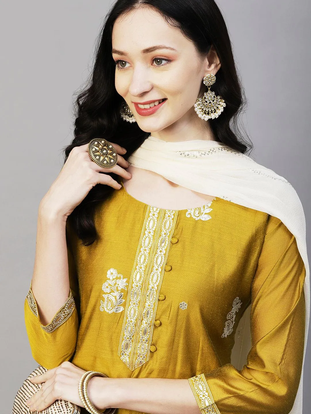 Floral Block & Foil Printed Kurta With Pants & Sequined Ombre Dupatta - Mustard