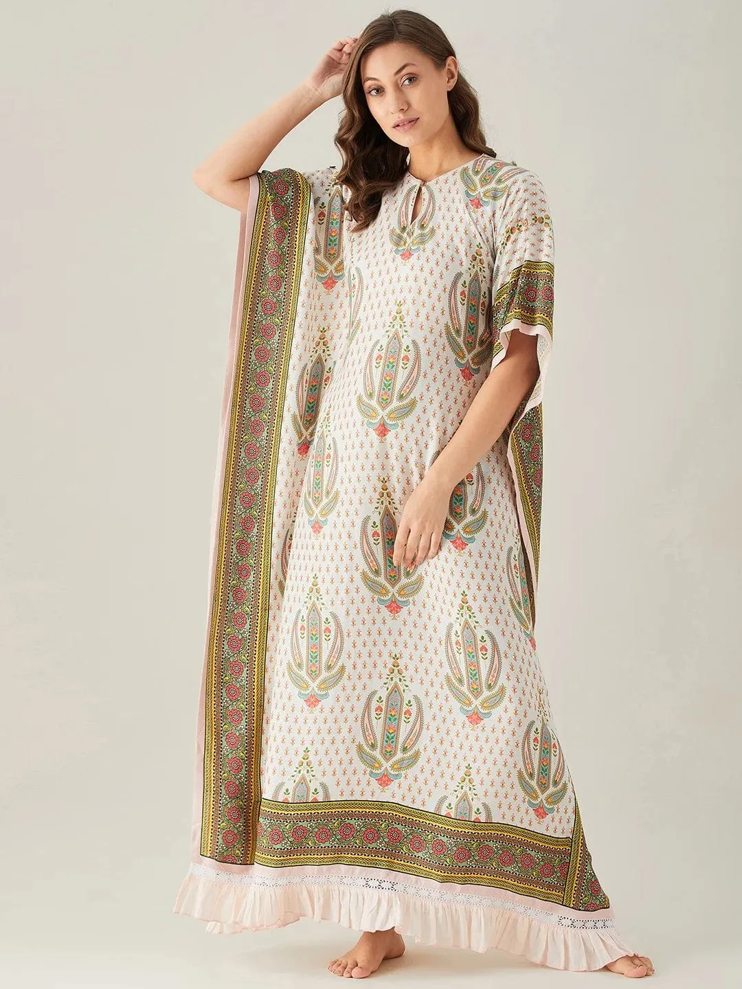 Floral Block and Border Maxi Kaftan with Frill Hem