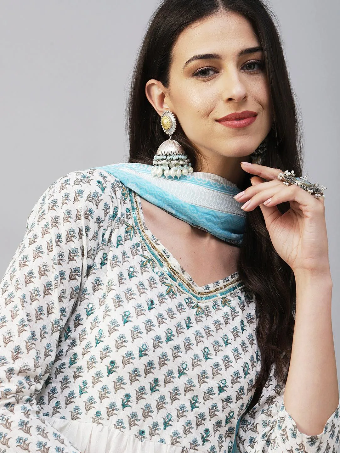 Floral Block Printed Mirror Embroidered Frock kurta with Pants & Dupatta - White & Blue