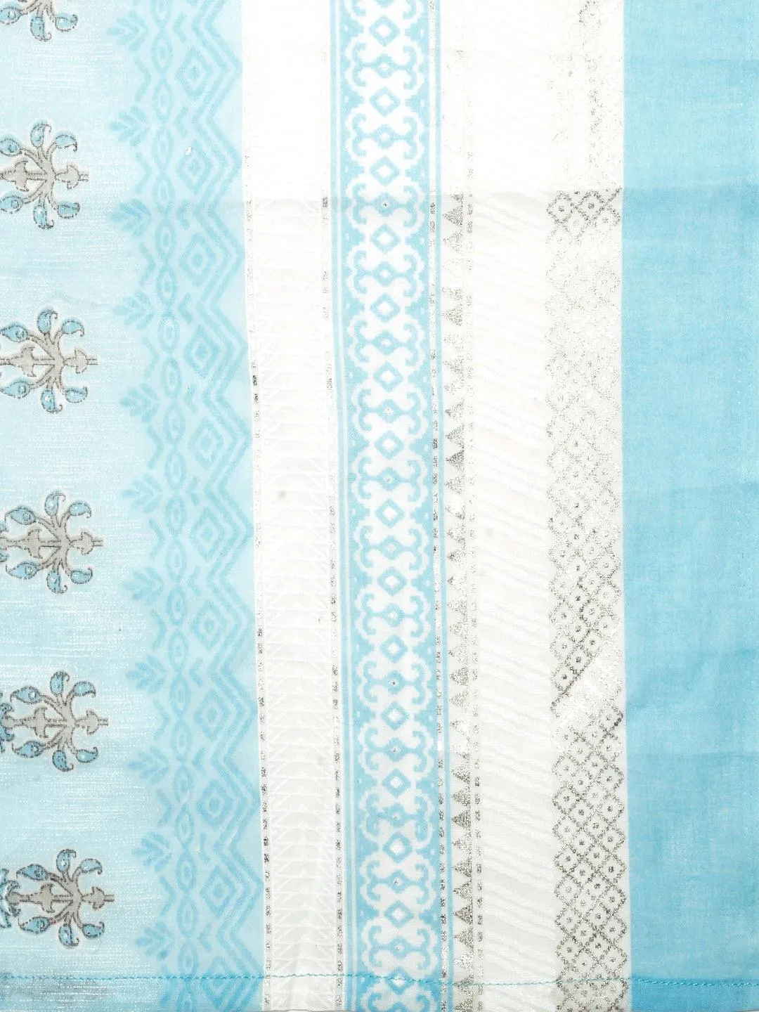 Floral Block Printed Mirror Embroidered Frock kurta with Pants & Dupatta - White & Blue