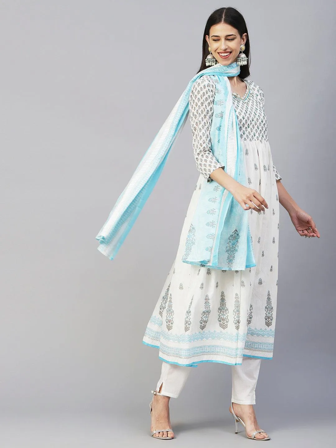 Floral Block Printed Mirror Embroidered Frock kurta with Pants & Dupatta - White & Blue