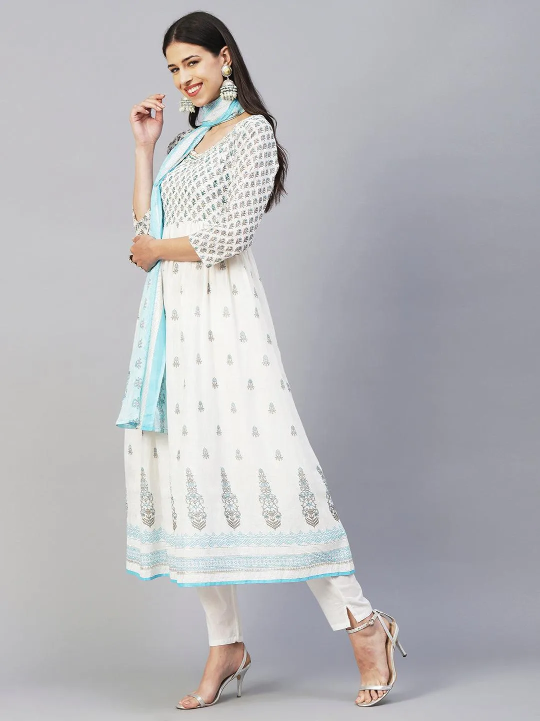 Floral Block Printed Mirror Embroidered Frock kurta with Pants & Dupatta - White & Blue