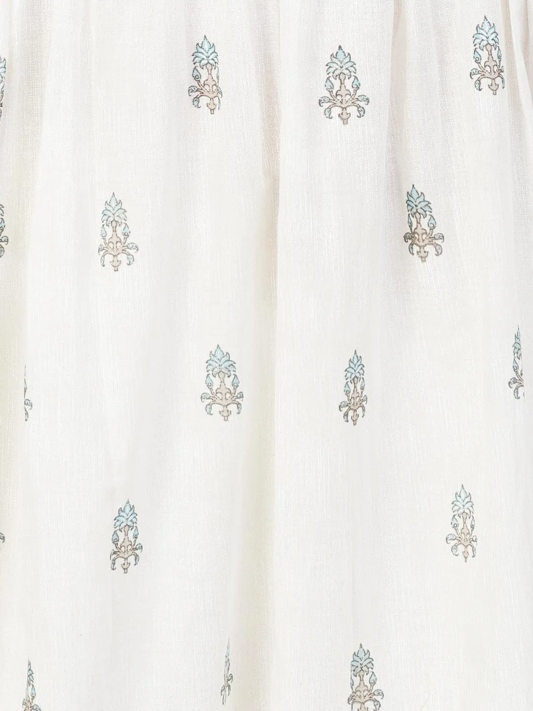 Floral Block Printed Mirror Embroidered Frock kurta with Pants & Dupatta - White & Blue