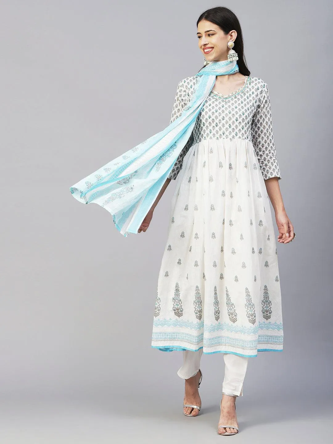 Floral Block Printed Mirror Embroidered Frock kurta with Pants & Dupatta - White & Blue