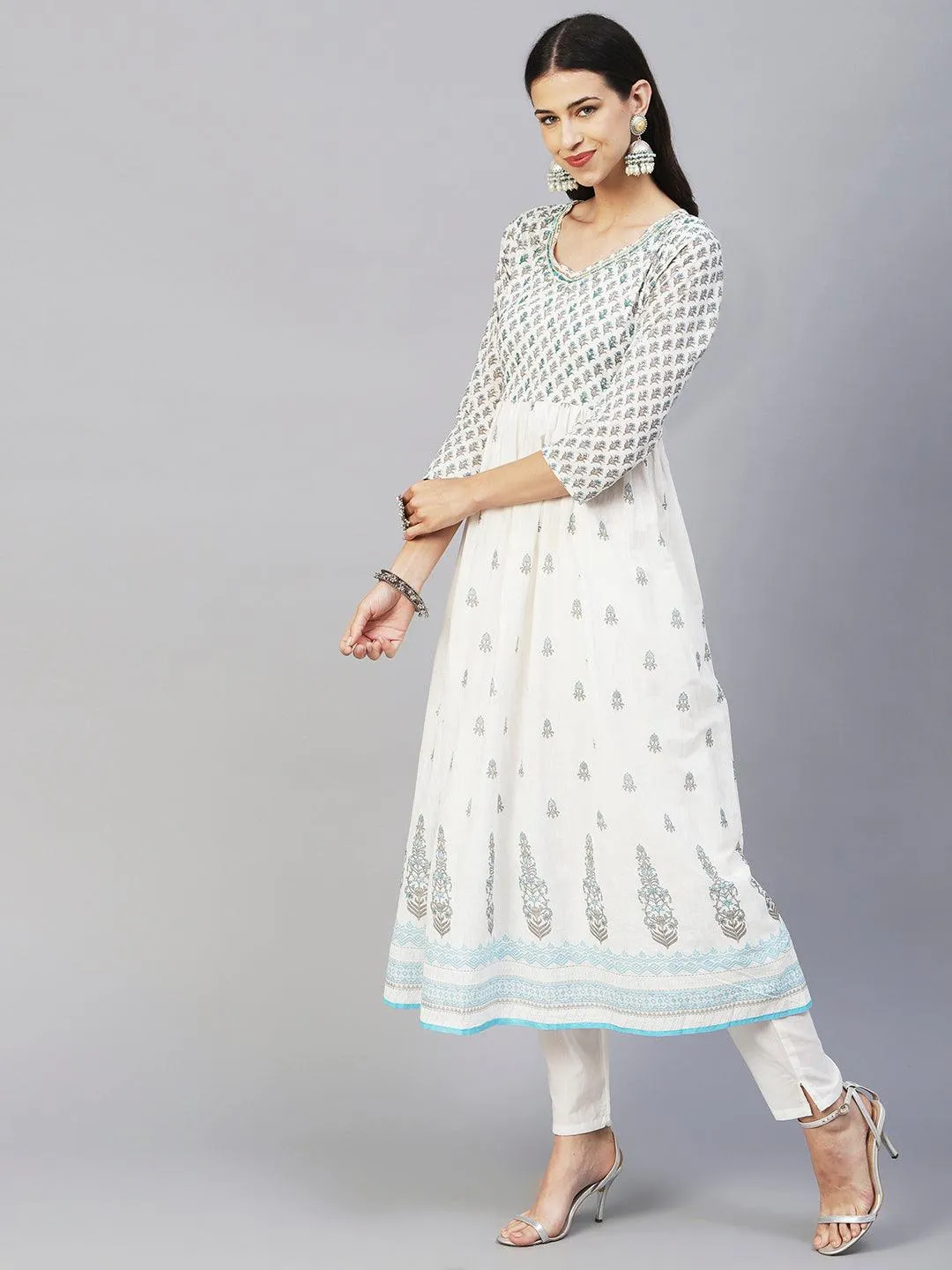 Floral Block Printed Mirror Embroidered Frock kurta with Pants & Dupatta - White & Blue