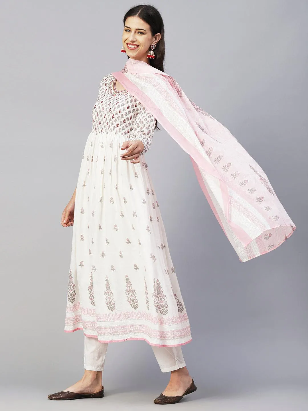 Floral Block Printed Mirror Embroidered Frock kurta with Pants & Dupatta - White & Pink