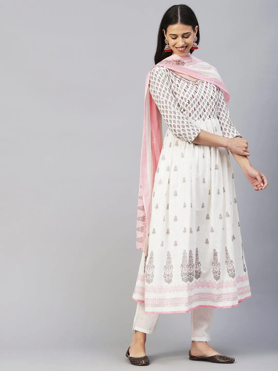 Floral Block Printed Mirror Embroidered Frock kurta with Pants & Dupatta - White & Pink