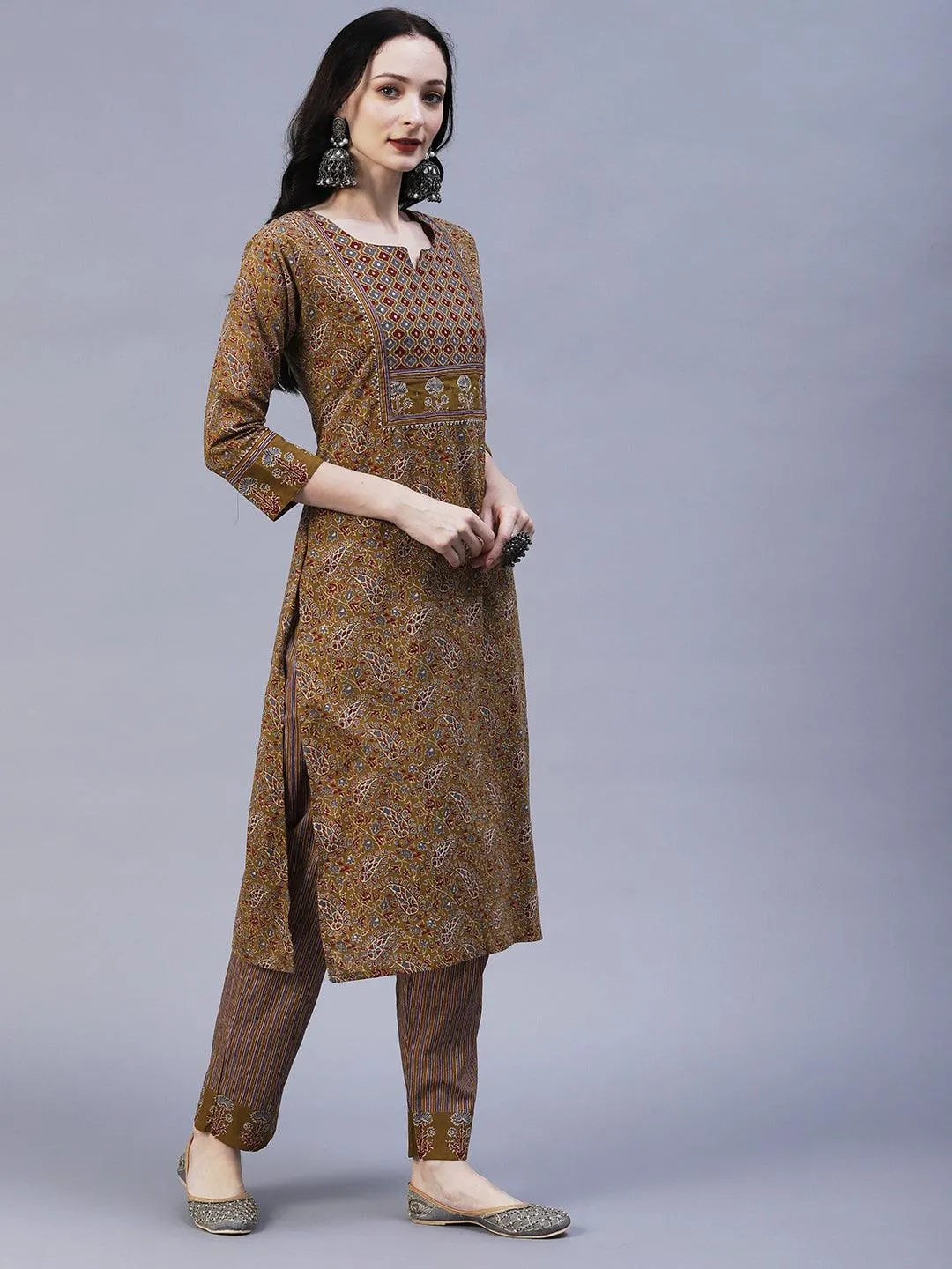 Floral Block Printed Zari & Sequins Embroidered Kurta With Pants - Taupe