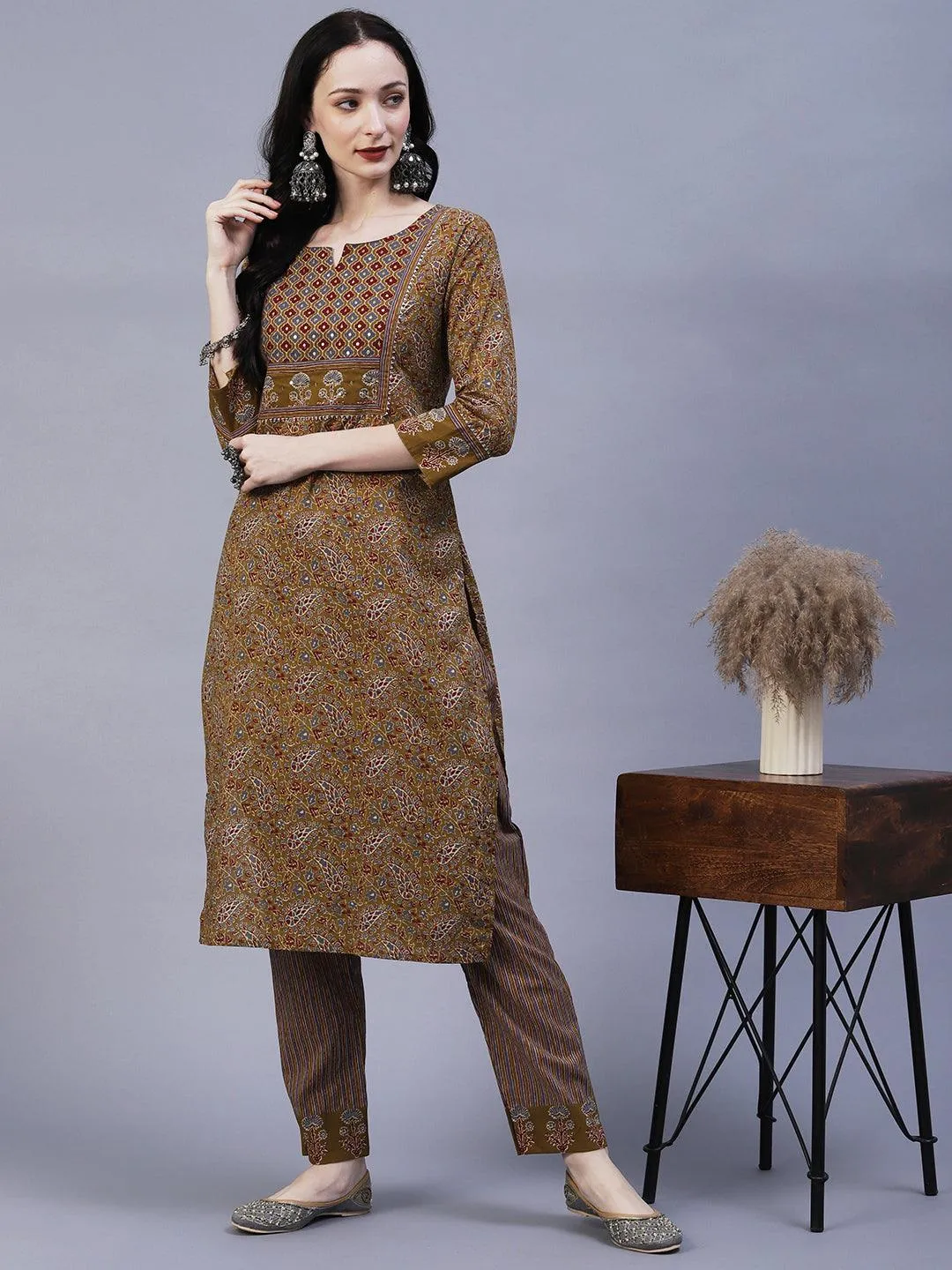 Floral Block Printed Zari & Sequins Embroidered Kurta With Pants - Taupe